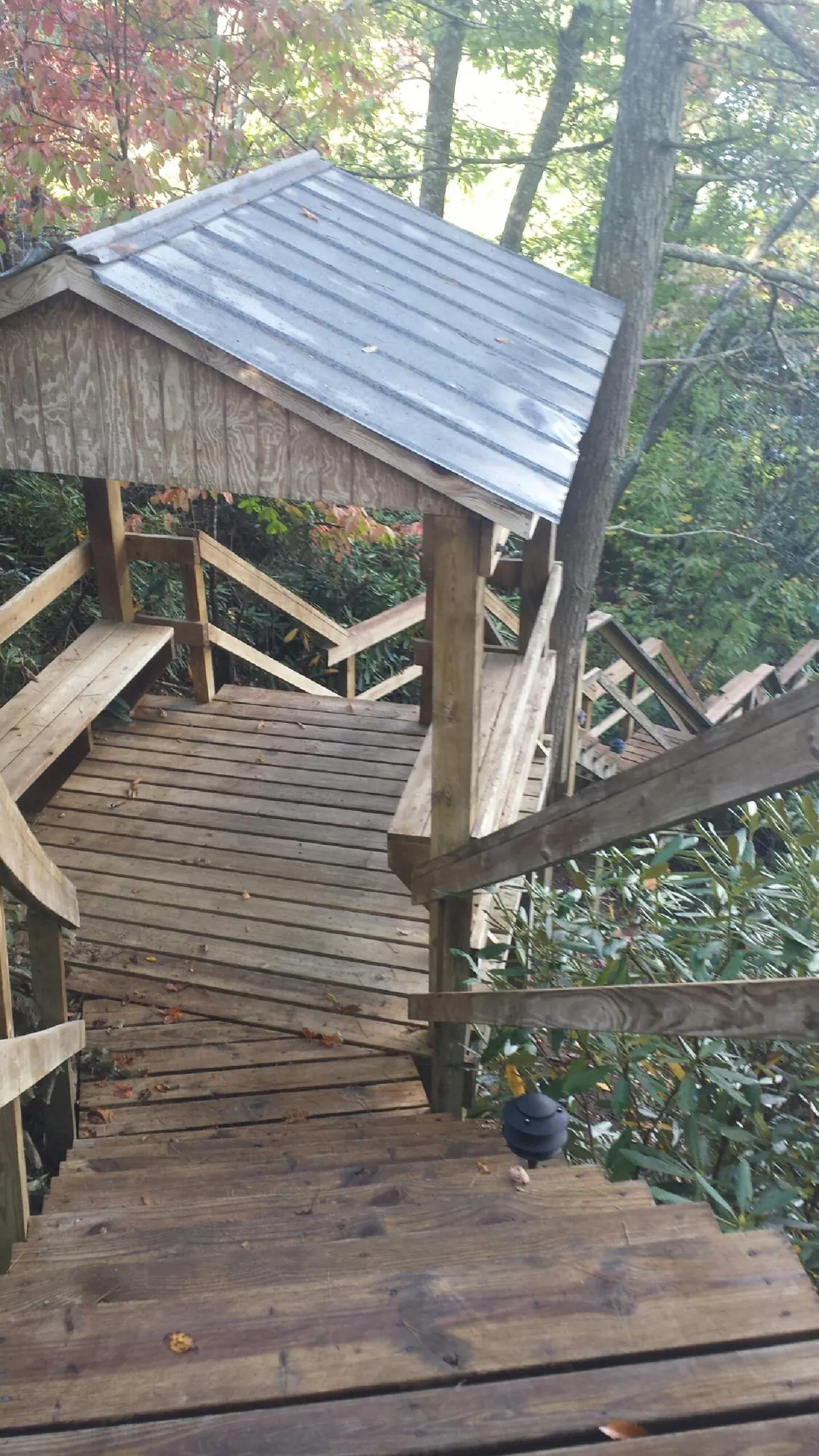 Metal roofed shelter over wooden steps on a wooded walkway — Skylight Repair & Installation work by our crew in Fayetteville
